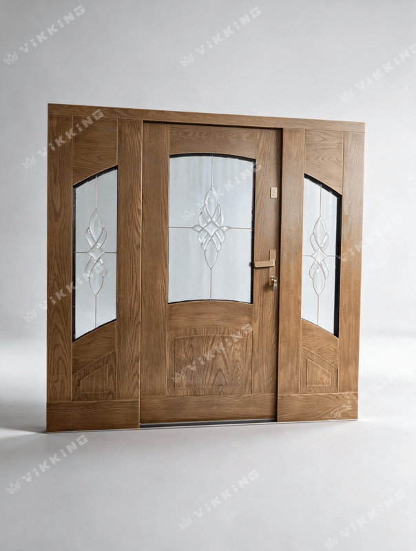 Tradicinės VIKKING Classic kompozitinės durys su dviem šoniniais įstiklinimais, Real Wood tekstūra ir rankų darbo vitražais.