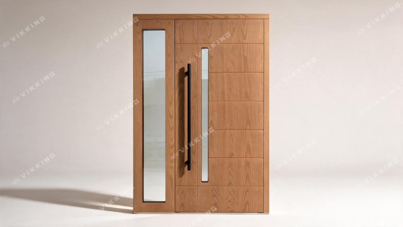 VIKKING lauko durys, pagamintos naudojant Real Wood technologiją, su Salyklinio ąžuolo dekoru, įstiklinimu, šoniniu įstiklinimu ir juoda traukiamąja rankena.