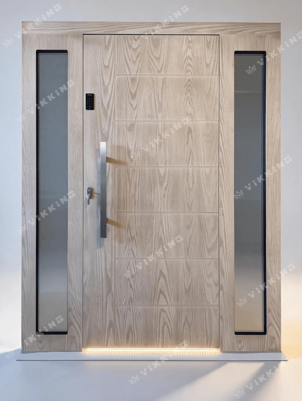 Elegantiškos VIKKING kompozitinės įėjimo durys su šviesiu Smėlio ąžuolo dekoru ir Real Wood struktūra, dviem šoniniais įstiklinimais, kodine klaviatūra ir LED apšvietimu.
